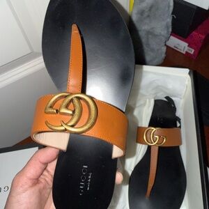 Gucci Tan and Gold Leather Sandals